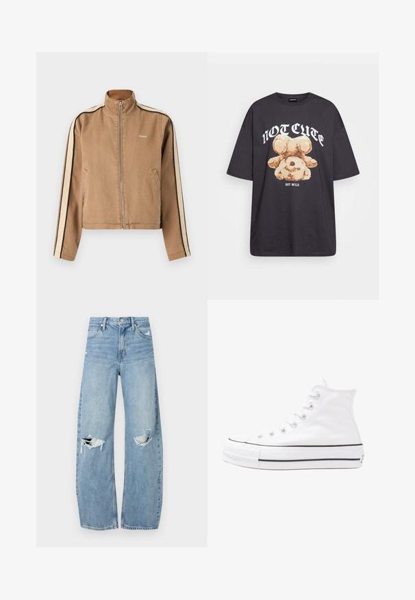 Jaqueta zíper castanho claro com riscas bege e preta nas mangas, gola alta, bolsos laterais e pequeno logotipo branco "obey" no peito.; T-shirt oversized preto com uma gráfica de um urso e o texto "NÃO FOFO, MAS SELVAGEM" em letras brancas e em negrito. Material em algodão.; Jeans de lavagem clara, de cintura alta, feitos de denim. Apresentam pernas largas, duas áreas rasgadas nos joelhos e o estilo clássico de cinco bolsos.; Sapatilha alta de tela branca com sola de borracha preta, bico de borracha na frente e seis ilhós para os atacadores, apresentando um design limpo e minimalista.