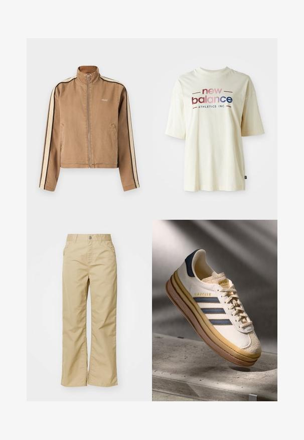 Helepruun tõmbluku jaotusega jakk, millel on beežid ja mustad triibud varrukatel, kõrge krae, küljetaskud ja väike valge "obey" logo rinnal.; Kreemivärvi puuvillane t-särk lühikeste varrukatega, kus on värvikas "new balance" logo disain ja tekst "ATHLETICS INC.".; Beezist puuvillased laiad püksid siledast tekstuurist, esiküljel taskud ja hõbedane nupp vööl.; Adidas Gazelle tennis, mille kreemjas nubukist ülemine osa, sinised nahkdetailid, kolm sinist triipu, beež vaheosa ja pruun kummipohjaga.
