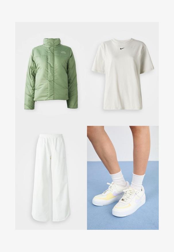 Svetlo zelena pufasta jakna z visokim ovratnikom, zadrgo in šivi. Ima logotip na prsih in gladko, sijočo teksturo tkanine.; Bela bomba iz bombaža z okroglim ovratnikom in kratkimi rokavi. Ima majhen črn Nike logotip na prsih. Preprost in neopazen dizajn.; Bela športna hlače širokega kroja z rebrastim pasom in diskretno logotipno podrobnostjo. Gladek material z sproščenim krojem in zoženim robom.; Bele usnjene superge z rumenimi in sivimi poudarki, okrogla noska, ravne vezalke in teksturiran gumen podplat. Nosi se z belimi nogavicami.