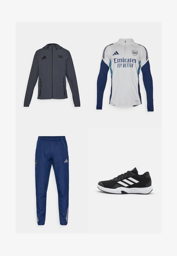 Grå hættejakke med sorte accenter, featuring en lynlås foran, to sidelommer og et Arsenal-logo på venstre bryst. Letvægtsmateriale.; Hvid langærmet trøje med marineblå detaljer, halv-zip halsudskæring, med "Emirates Fly Better" logo og Arsenal klublogo.; Navy joggerbukser lavet af letvægtsstof, med en blå accent, logo-patch og tre hvide striber langs de nederste ben.; Sorte atletiksko med en tekstureret mesh-overdel, hvide accentstriber, en polstret sål og en forstærket hæl for støtte.