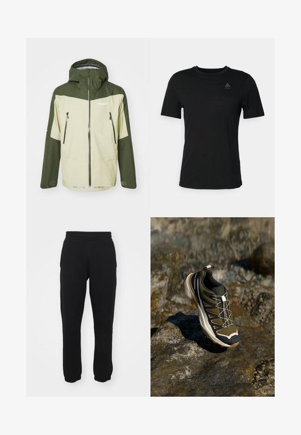 Norrøna FALKETIND GORE-TEX JACKET - Hardshelljacke - sage green; Schwarzes T-Shirt aus leichtem Material, mit rundem Halsausschnitt, kurzen Ärmeln und einem kleinen Markenlogo auf der oberen linken Seite.; Schwarze Sweatpants aus einem Baumwollmischgewebe, mit elastischem Taillenbund, schmal zulaufenden Beinen und gerippten Bündchen an den Knöcheln. Einfaches Design, keine Muster.; Wanderschuh in Olivgrün und Schwarz mit pinken Akzenten. Verfügt über ein strukturiertes Obermaterial, eine flexible Sohle, eine verstärkte Zehenkappe und ein farbenfrohes Schnürsystem.