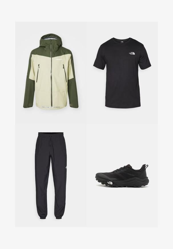 Norrøna FALKETIND GORE-TEX JACKET - Giacca hard shell - sage green; T-shirt nera a maniche corte in cotone, con scollatura rotonda e un piccolo logo bianco nell'area superiore sinistra del petto.; Pantaloni sportivi neri realizzati in tessuto leggero, con vita regolabile con cordino, tasche laterali e orli affusolati alle caviglie.; Scarpa da trail running nera con tomaia texture, suola in gomma e punta rinforzata. Presenta un collare imbottito e un tassello per un indossamento facile.