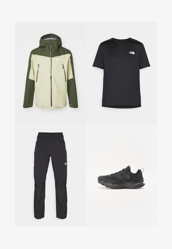 Norrøna FALKETIND GORE-TEX JACKET - Giacca hard shell - sage green; T-shirt nero a maniche corte realizzata in tessuto leggero. Presenta un piccolo logo bianco sul lato sinistro del petto e delicati dettagli sulle spalle.; Pantaloni da esterno neri con tasca frontale con zip, materiale sintetico, gambe affusolate e pannelli rinforzati sulle ginocchia. Presentano una chiusura con bottone.; Scarpa sportiva nera con tomaia in rete, suola in gomma e collarino imbottito. Presenta lacci, un logo sul lato e un design testurizzato.