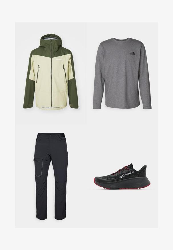 Norrøna FALKETIND GORE-TEX JACKET - Hardshelljacke - sage green; The North Face M L/S SIMPLE DOME TEE - Langarmshirt - medium grey heather; Schwarze Outdoor-Hosen mit einem Reißverschlusstaschen an den Oberschenkeln, elastischem Bund und glattem, wasserabweisendem Stoff. Sauberes Design ohne sichtbare Logos.; Schwarzer Sportschuh mit strukturiertem Obermaterial, roten Schnürsenkeln und Logo. Dicke Sohle mit strukturiertem Profil für Traktion. Minimalistisches Design, Seitenansicht.