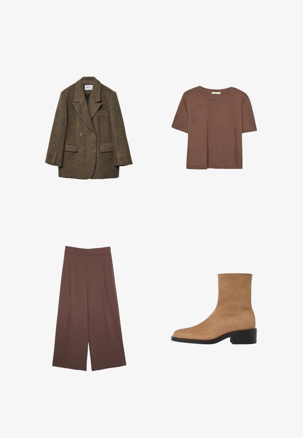 Brown tweed double-breasted blazer with a notched collar, two front pockets, and six button accents on the sleeves. Textured, structured design.; Brown short-sleeve t-shirt made of soft fabric, with a round neckline and relaxed fit. No visible patterns or accents.; Brown wide-leg trousers with a smooth texture, featuring a high waist and front pleats. The fabric is lightweight and flows loosely.; Tan suede ankle boot with a square toe, low block heel, and seamless design. Features subtle stitching along the edges.