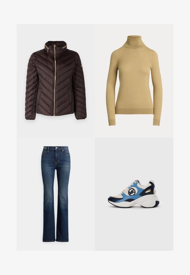 MICHAEL Michael Kors SHORT PACKABLE - Dunjakke - chocolate; Lys beige høyhalset genser laget av et smooth, mykt strikk. Den har lange ermer og en tettsittende silhuett med ribbestrikket kant.; Mørkeblå høytlivs bootcut jeans med frontknapp og lommer, lett falming på lår og knær, vist på hvit bakgrunn.; Hvit, marineblå og lyseblå semsket sneakers med tykk såle og sirkulært brodert logo på siden.