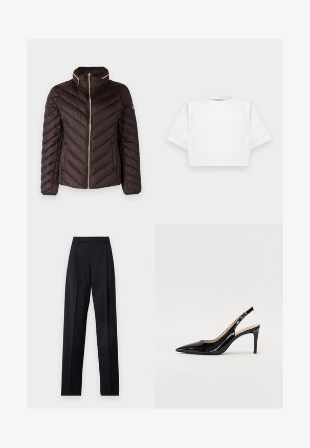 MICHAEL Michael Kors SHORT PACKABLE - Dūnu jaka - chocolate; Izgriezta balta T-krekla no mīksta auduma, ar īsām piedurknēm, apaļu apkakli un ribota apakšmala. Vienkāršs un neizpušķots dizains.; Melnas bikses, izgatavotas no gludas auduma, ar augstu vidukli, platiem bikšu galdniekiem, priekšējiem krokām un klasiskām jostu cilpām. Sānu kabatas nav redzamas.; Melnas lakotās ādas slingback kurpes ar izteiktu degunu, šauru papēdi un smalku izgriezumu dizainu. Siksniņai ir zelta sprādze.