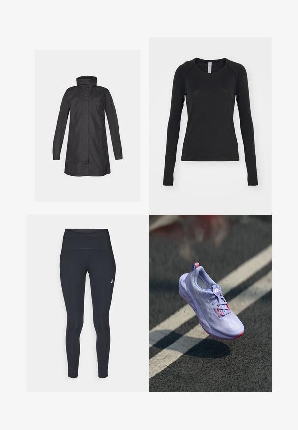 Zwarte waterdichte jas met een hoge kraag, lange mouwen en een rechte zoom. Beschikt over een minimalistisch ontwerp en een gladde, matte textuur.; Zwarte longsleeve shirt, gemaakt van zachte stof. Beschikt over een ronde hals en raglanmouwen met duimgaten bij de manchetten. Minimalistisch ontwerp.; ASICS ROAD HIGH WAIST - Winterlegging - performance black; Lichtpaarse hardloopschoen met een gestructureerde bovenkant, roze accenten, een rond vetersysteem en een gespikkelde zool, verhoogd boven een asfaltachtergrond.