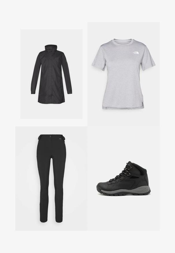Casaco impermeável preto com colarinho alto, mangas longas e bainha reta. Apresenta um design minimalista e uma textura lisa e mate.; T-shirt cinza de mangas curtas feito de um tecido suave e que absorve a humidade. Apresenta um decote redondo e um pequeno logotipo branco na parte superior esquerda.; Calças pretas, ajustadas, feitas de um material flexível. As características incluem um bolso lateral com fecho éclair, joelhos articulados e uma textura suave.; Bota de caminhada preta com design de cano médio, apresentando um upper texturizado, detalhes cinzentos e sola de borracha durável com cravos de tração.