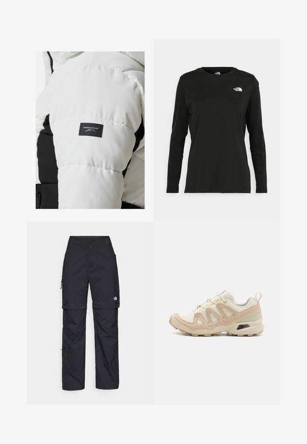 Hvid pufferjakke med sort detalje og struktureret lap med "SWEDEMOUNT" logo; kviltet design, blankt stof og hætte.; Sort langærmet t-shirt lavet af bomuld med rund hals. Har et lille hvidt logo på venstre brystområde. Enkel design og pasform.; Sorte nylon cargo bukser med lynlås, justerbare manchetter, flere lommer og et logo på højre ben. Glat, let tekstur.; Beige og creme atletiksko med struktureret mesh-overdel, støttende overlays og gummiyderside med et mønster for trækkraft.