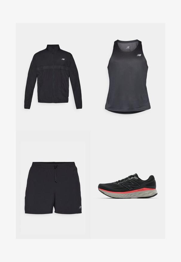 Must mustriga mustri, millel on kõrge krae, täislukk ja kontrastsest perforatsioonipaneelist rinnal. Vasakul küljel on New Balance'i logo.; Mustvalge sportlik tank-särk, mis on valmistatud niiskust eemaldavast kangast, ringjate kaelustega ja peene ribakudumisega, valge logo rinnal.; Musted lühikesed püksid, mis on valmistatud kerge kangaga. Omab elastset vööd koos nööpidega, küljetaskut ning väikest logo aktsenti.; Mustvalge jooksujalats, millel on võrkkangast pealisosa, millele on lisatud roosa vaheosa riba ja hall pohjaplaat. Omab tekstureeritud detaile ja paindlikku talla disaini.