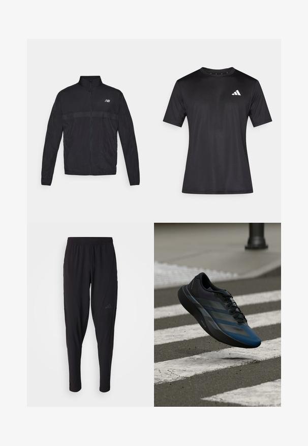 Jachetă ușoară neagră cu guler înalt, fermoar complet și panou perforat contrastant la piept. Prezintă logo-ul New Balance pe partea stângă.; Tricou sport negru din material mesh ușor, cu mâneci scurte și un logo alb în partea stângă a pieptului.; Pantaloni atletici negri cu o talie elastică, design conic, buzunare laterale și detalii subtile cu logo. Fabricat dintr-un material flexibil și respirabil.; Pantof sportiv negru și albastru cu un design aerodinamic, având o parte superioară texturată, dungi contrastante și o talpă amortizată, plutind deasupra asfaltului.