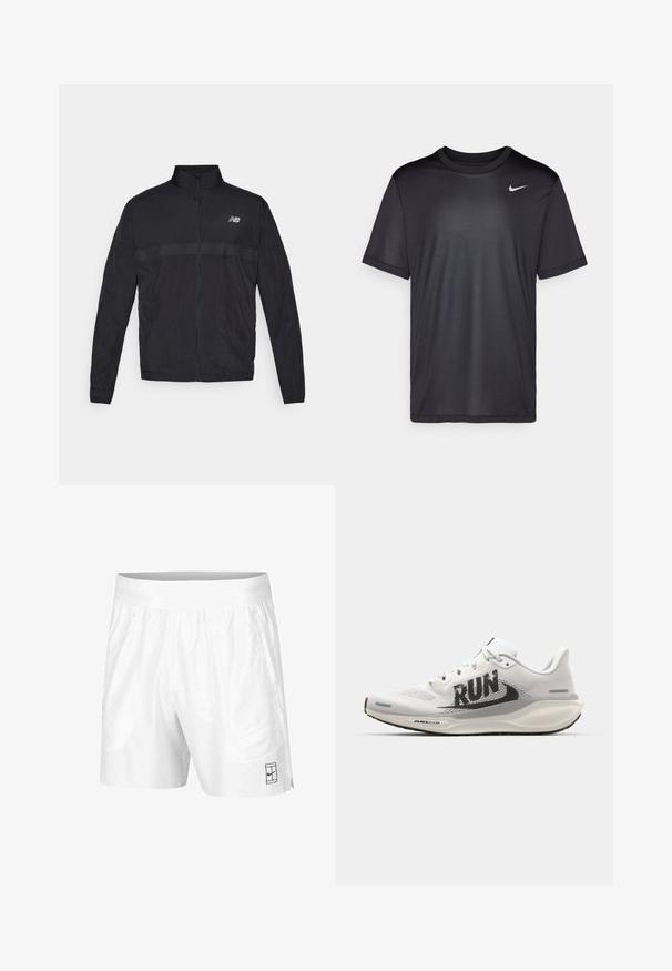 Crna lagana jakna s visokim ovratnikom, punim zatvaračem i kontrastnim perforiranim panelom na prsima. Ima logo New Balance s lijeve strane.; Crna atletska majica kratkih rukava, okruglog izreza, napravljena od glatkog materijala. Ima mali bijeli Nike logo na gornjem lijevom dijelu.; Bijele atletske kratke hlače izrađene od lagane tkanine s elastičnim pojasom, koje imaju dva bočna džepa i mali crni logo na rubu.; Bijela trkačka cipela s mrežastim gornjim dijelom, velikim crnim grafičkim natpisom "RUN", svijetlosivim akcentima i podstavljenim potplatom s "AIR 200M" oznakom.