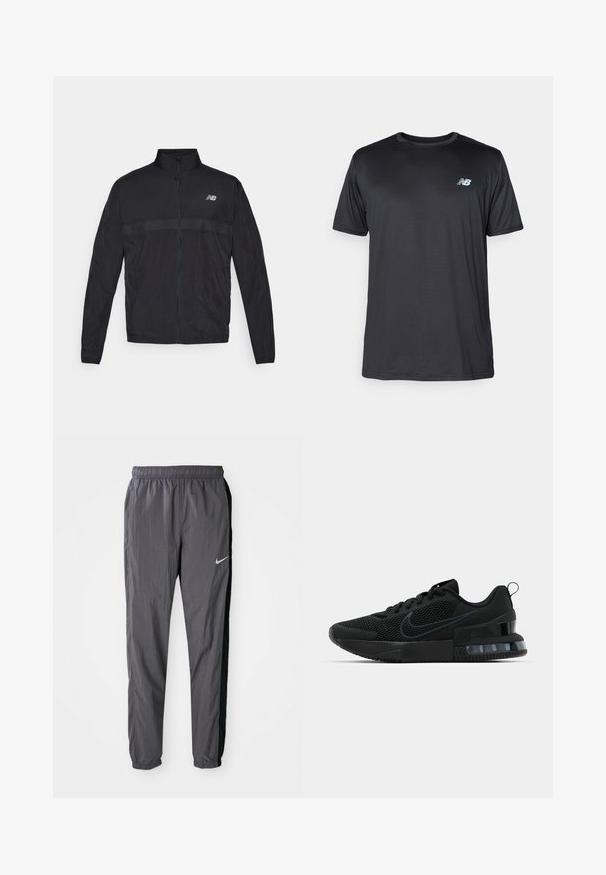 Jachetă ușoară neagră cu guler înalt, fermoar complet și panou perforat contrastant la piept. Prezintă logo-ul New Balance pe partea stângă.; New Balance Bluză sport - black; Pantaloni de trening Nike, realizați dintr-un material ușor, de culoare gri închis, cu panouri laterale negre. Prezintă un elastic la talie și un logo reflectorizant.; Adidași negri Nike cu partea superioară din plasă, talpă texturată și unitate de aer vizibilă în călcâi. Accente și logo într-o nuanță mai închisă de negru.