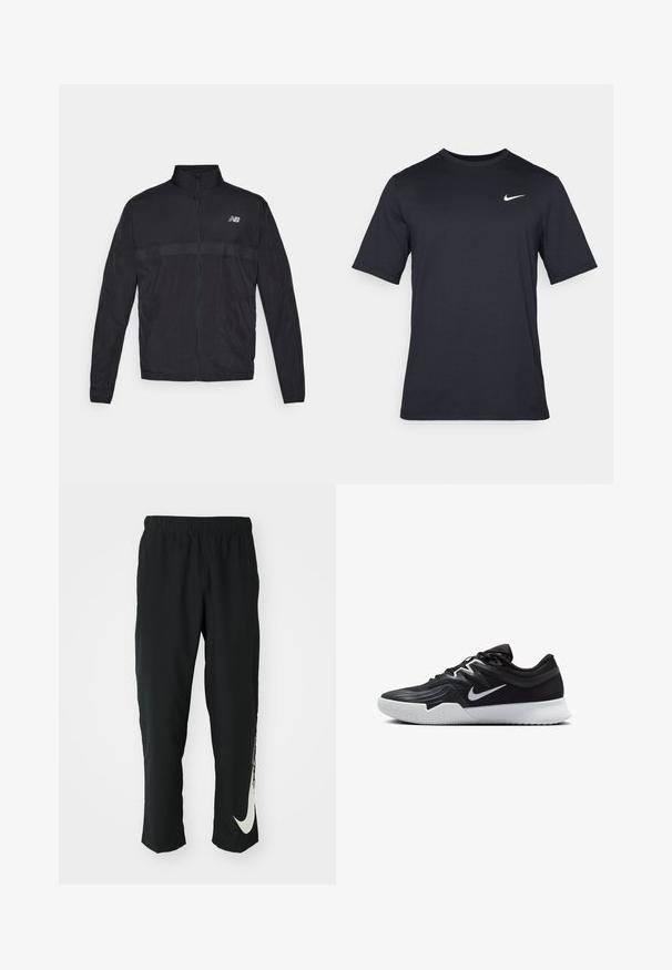 Černá lehká bunda s vysokým límcem, kompletním zipem a kontrastním perforovaným panelem na hrudi. Na levé straně se nachází logo New Balance.; Černé triko Nike s krátkým rukávem vyrobené z hladké látky, s bílým logem swoosh na horní levé straně, klasický kulatý výstřih.; Černé sportovní kalhoty s elastickým páskem, zúženým střihem, se velkým bílým logem Nike na levé nohavici. Měkká, lehká tkanina.; Černá atletická bota s texturovaným svrškem, bílým logem Nike a bílou gumovou podrážkou. Disponuje šněrovacím designem a dynamickým tvarem.