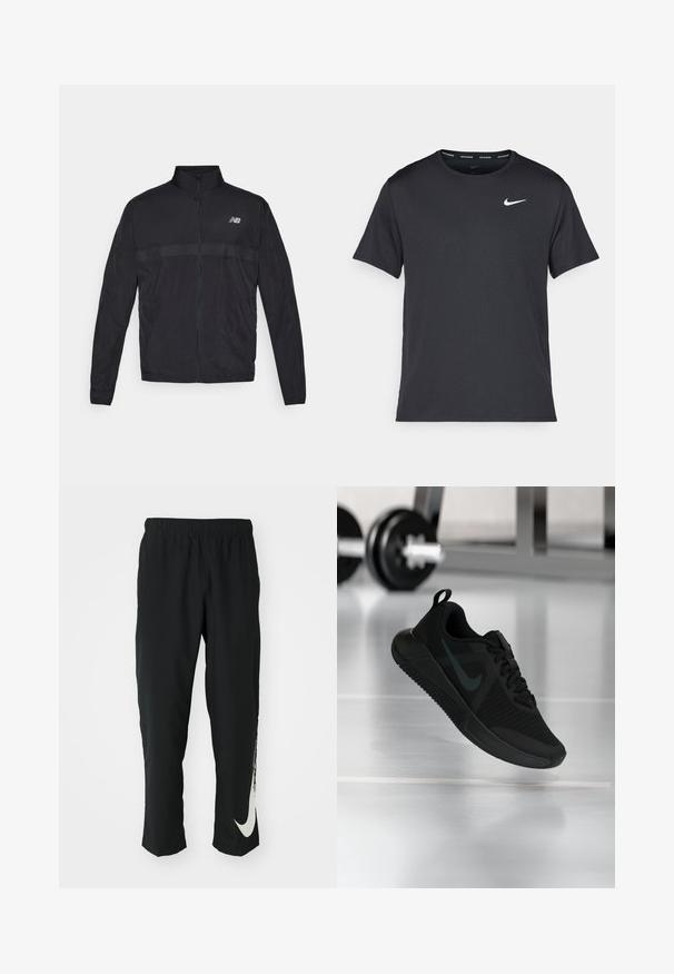 Čierna ľahká bunda s vysokým golierom, plným zipsom a kontrastnou perforovanou panelou na hrudi. Obsahuje logo New Balance na ľavej strane.; Čierne bežecké tričko Nike vyrobené z ľahkého a priedušného materiálu, s krátkymi rukávmi a malým bielym logom na hrudi.; Čierne športové nohavice s elastickým pásom, zúžený strih, s veľkým bielym logom Nike na ľavom stehne. Mäkká, ľahká tkanina.; Čierna atletická obuv s textúrovaným sieťovým vrchom, gumovou podrážkou a výrazným tmavým logom Swoosh. Má polstrovaný golier a šnurovací dizajn.