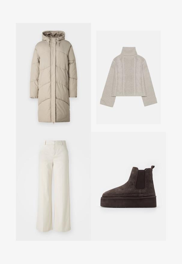 Parka bege acolchoada com capuz, apresentando costuras horizontais e bolsos laterais. O tecido tem uma textura suave e lisa.; Suéter tricotado cinza claro, cortado, com gola alta e punhos canelados, apresentando padrões de cabos texturizados ao longo das costas e dos lados.; Calças largas numa cor bege clara, feitas de um tecido suave. Apresentam uma cintura clássica e parte da frente lisa com linhas limpas.; Botas Chelsea em suede castanho com painéis laterais elásticos e uma sola plataforma grossa e texturizada. Apresenta uma alça na parte de trás para facilitar o calce.