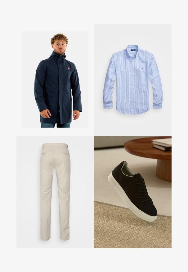 Abrigo azul marino resistente al agua con capucha, cierre frontal de cremallera, bolsillos laterales y un detalle de logo circular en el pecho.; Camisa de manga larga a rayas azul y blanca hecha de algodón, con cuello de botón, botones en el frente y un pequeño logo bordado en el pecho.; Pantalones beiges con una textura suave, corte recto, dos bolsillos traseros con botones y una cinturilla estándar.; Zapatilla negra con suela blanca flotando sobre una alfombra texturizada beige cerca de una mesa redonda de madera con libros apilados.