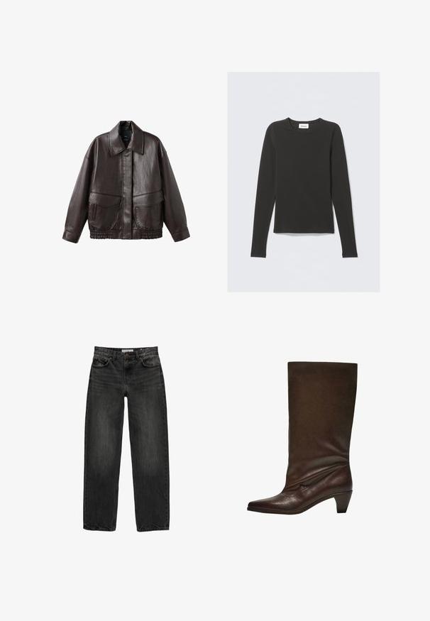 Rjava usnjena jakna z širokim ovratnikom, dvema sprednjima žepoma in elastičnimi nabrano oblikovanimi poudarki na robu. Gladka, sijoča tekstura.; Črna majica z dolgimi rokavi in krobnim ovratnikom, z majhno belo nalepko z napisom "WEEKDAY" znotraj ovratnika, prikazana na svetli podlagi.; Črne jeans hlače s sproščenim krojem, ravnimi nogavicami, petimi žepi in rahlo zbledelim videzom. Zapenjanje na gumb in zadrgo spredaj.; Temno rjav usnjen škorenj do sredine meč z nizko zloženim petami, ostro konico in rahlo razpotegnjenim delom proti belemu ozadju.