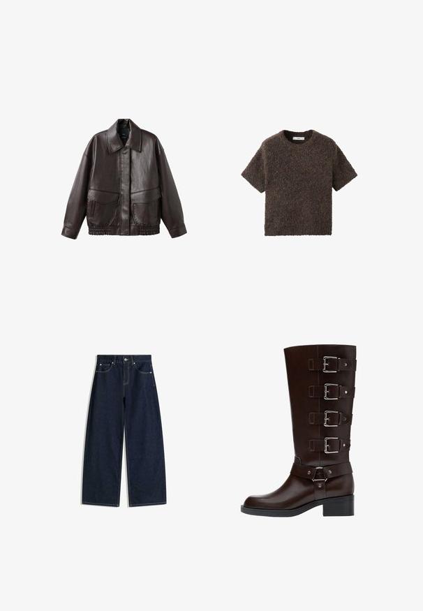 Giacca in pelle marrone con ampio colletto, due tasche frontali e accenti elastici arricciati all'orlo. Texture liscia e lucida.; Top a maniche corte, con scollo rotondo, realizzato in un materiale soffice e textures. Il colore è marrone scuro con leggere variazioni. Design semplice e dritto.; Jeans denim a gamba larga di colore blu scuro con tasche frontali, chiusura con bottoni e cuciture visibili su sfondo bianco.; Stivale in pelle marrone scuro alto fino al ginocchio, con punta tonda, quattro cinturini regolabili con fibbie e tacco a blocco, caratterizzato da finiture lisce e testurizzate.