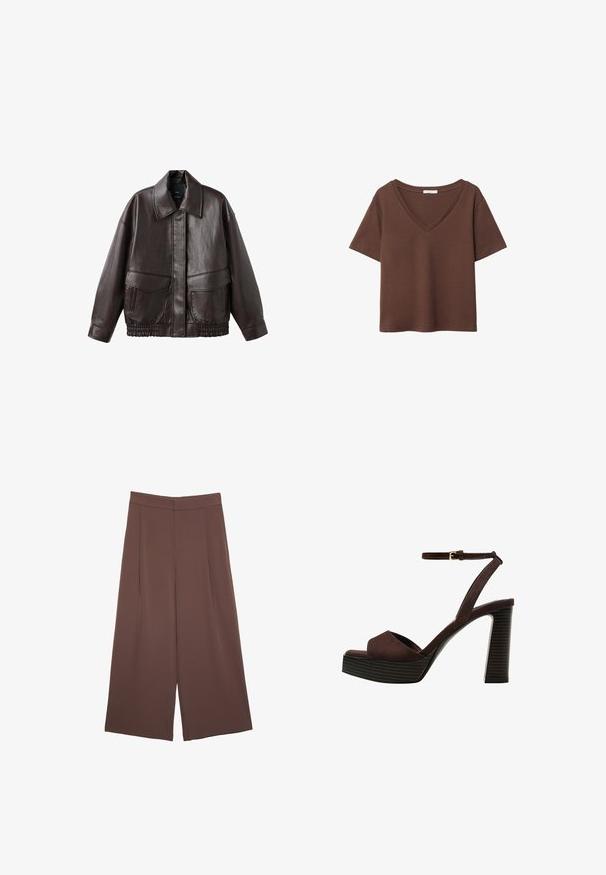 Giacca in pelle marrone con ampio colletto, due tasche frontali e accenti elastici arricciati all'orlo. Texture liscia e lucida.; T-shirt in cotone marrone con maniche corte e scollo a V profondo. Design semplice, texture morbida e orlo dritto. Senza fantasie o dettagli.; Pantaloni ampi marroni con una texture liscia, caratterizzati da una vita alta e pieghe frontali. Il tessuto è leggero e scorre liberamente.; Sandal in camoscio marrone con tacco alto, punta aperta, cinturino alla caviglia regolabile e suola a piattaforma striata.