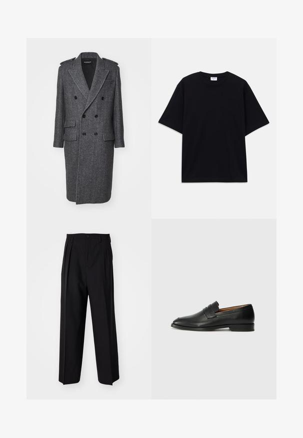 Pilkos zigzagalio vilnos paltas su dvigubos užsegimo priekiu, iškilniuoju apykakle, peties juostomis, dviem priekinėmis kišenėmis ir centriniais ventiliacijos įdėklais nugaroje.; Juodas trumpas rankovėmis per didelis marškinėliai su apvaliu iškirpimu ir matoma Filippa K prekės ženklo etiketė vidinėje apykaklės pusėje.; Juodi klostuoti kelnių, su tiesiu, plačiu kojų dizainu. Pagaminti iš lygios medžiagos, su mygtukų uždarymu ir diržo kilputėmis.; Juodas odinis loaferis su apvaliu nosiu, subtiliomis siuvimo detalėmis ir žemu kulnu, pasižymintis lygia tekstūra ir minimalistiniu dizainu.