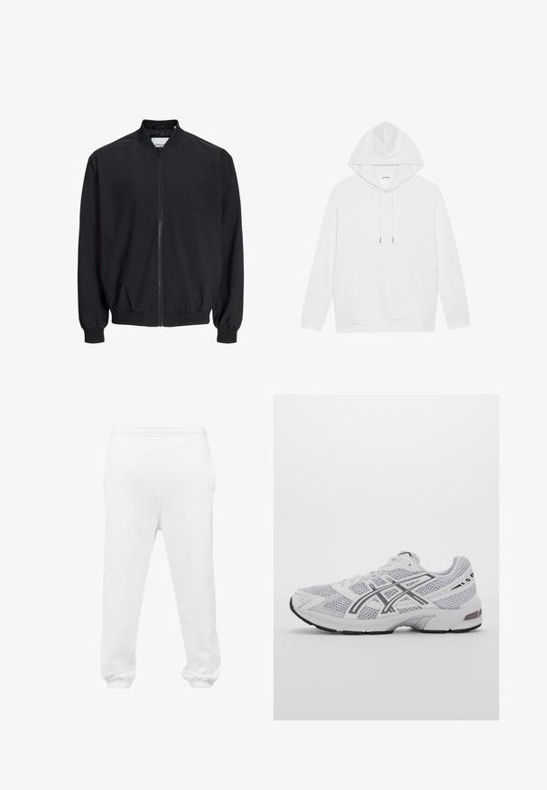 Black bomber jacket made of smooth, lightweight material with a zip front, elastic cuffs, and hem. Features side pockets and a ribbed collar.; White cotton hoodie with a drawstring hood, kangaroo pocket, ribbed cuffs, and hem. Simple design, soft texture, clean and minimal look.; White sweatpants made of soft fabric, featuring an elastic waistband, side pockets, and elastic cuffs at the ankles.; White mesh athletic shoe featuring gray accents, structured design, lacing system, padded collar, and rubber outsole for traction.