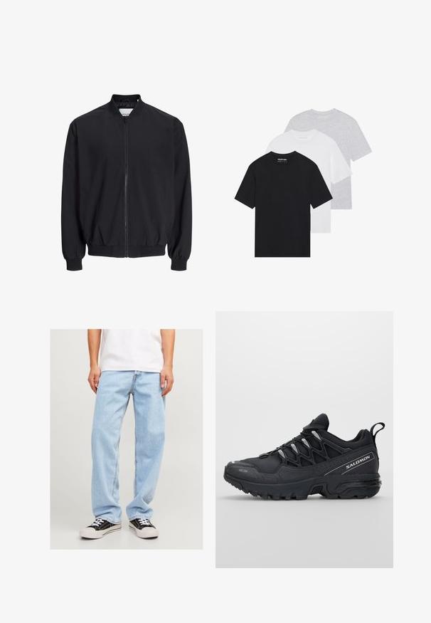 Czarna kurtka bomberka z gładkiego, lekkiego materiału, z zamkiem z przodu, elastycznymi mankietami i dołem. Posiada boczne kieszenie oraz żebrowany kołnierz.; Zestaw trzech podstawowych t-shirtów w kolorach czarnym, białym i jasnoszarym. Krótkie rękawy, okrągły dekolt, wykonane z gładkiej bawełnianej tkaniny. Widoczne logo marki.; Jasnoniebieskie dżinsy o luźnym kroju, z prostymi nogawkami i standardowym przeszyciem, w zestawieniu z czarnymi trampkami.; Czarne buty sportowe z siateczkową cholewką, gumową podeszwą i odblaskowymi akcentami. Posiadają amortyzowaną podeszwę oraz sznurowany design.