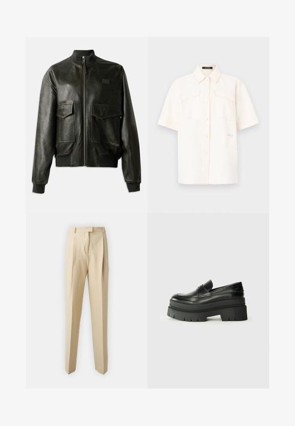 Fekete bőr bomberdzseki bordás gallérral és mandzsettákkal, két nagy elülső zsebbel, cipzáros záródással és diszkrét varrási részletekkel.; Rövid ujjú, krémszínű ing, könnyű szövetből készült, két elülső zsebbel, gombos kialakítással és eltérő varrással.; Beige szabott nadrág egyenes szabással, pliszékkel, derekújjjal és sima felülettel. Nincsenek látható zsebek vagy díszítések.; Fekete bőrcipők vastag platform talppal. Lekerekített orr, elülső varrás részletek és finom varrási díszítések. Lapos, texturált talp.