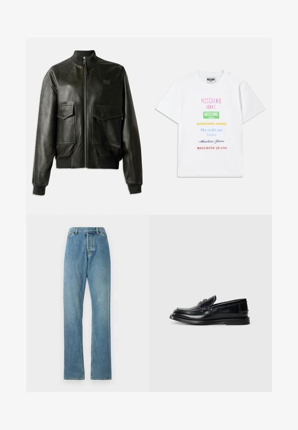 Jachetă bomber din piele neagră, cu guler și manșete ribbate, două buzunare frontale mari, închidere cu fermoar și detalii de cusătură subtile.; Tricou alb din bumbac cu multiple logo-uri text în roz, verde, galben, albastru și roșu, aranjate vertical pe față.; Jeans din denim de culoare albastru deschis cu un design drept, stil cu cinci buzunare și un tiv vizibil. Textura este ușor uzată, dar intactă.; Mocasin din piele neagră cu un design cusut, o mică clapă frontală și o talpă plată din cauciuc. Textură netedă cu accente din metal aurit.