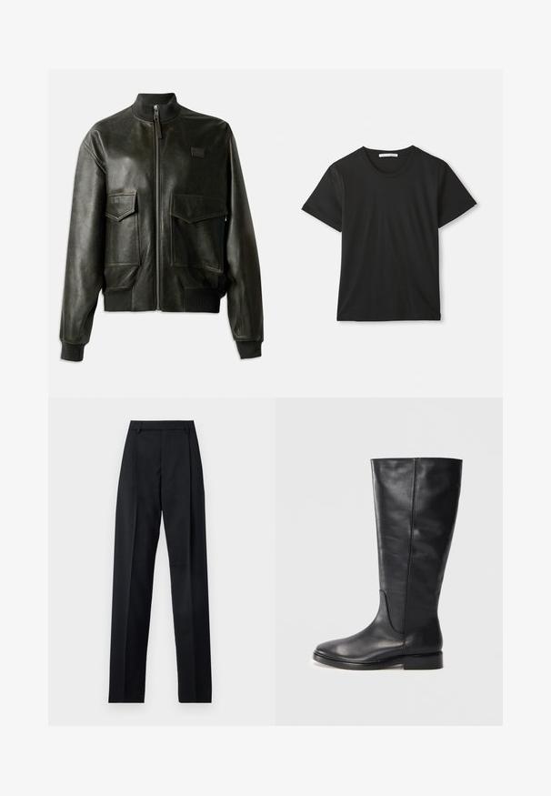 Juodas odinis bomberių švarkas su raštuotu apykakle ir rankovėmis, dviem didelėmis priekinėmis kišenėmis, užtrauktuku ir subtiliu siuvinėjimo akcentu.; Juodas trumpomis rankovėmis, apvaliu kaklu, pagamintas iš medvilnės marškinėliai, išskleisti ant balto fono, su matomu prekės ženklu apykaklėje.; Juodos kelnės iš lygaus audinio, pasižyminčios aukštu liemeniu, plačiomis kojomis, priekinėmis klostėmis ir klasikiais diržo kilpomis. Šoninių kišenių nematyti.; Juoda virš kelių siekianti odinė batai su žemu kulnu ir apvaliu pirštu, rodančiu siuvimo detales palei liemenį ir viršų.