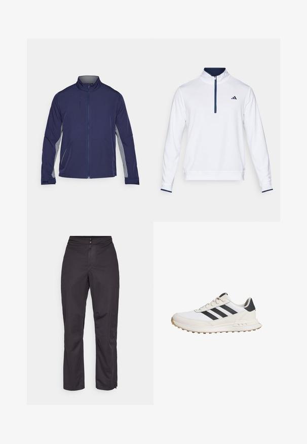 Giacca softshell navy con pannelli laterali grigi, colletto rialzato, zip completa e due tasche frontali. Texture liscia con un design funzionale.; Pullover bianco con colletto alto, chiusura frontale a metà zip e dettagli blu navy. Presenta un tessutoTexturizzato con un piccolo logo sul lato sinistro del petto.; Pantaloni impermeabili neri con taglio dritto, caratterizzati da una texture liscia, cinturino elastico in vita e zip laterali all'orlo per la regolabilità.; Scarpe da ginnastica bianche con strisce nere, dotate di una suola in gomma testurizzata, parte superiore in pelle liscia e colletto imbottito per supporto.