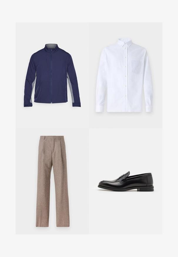 Marineblauwe softshell jack met grijze zijkanten, verhoogde kraag, volledige rits en twee voorzakken. Glad textuur met een functioneel ontwerp.; Witte lange mouwen overhemd van katoen, met een borstzak met tonale borduring, een kraag en knopenmanchetten.; Bruine, hooggewaisted broeken van een gestructureerde stof. Heeft wijde benen en twee voorplooien voor extra structuur. Net afgewerkt zonder zichtbare hardware.; Zwarte leren instappers met een gladde textuur, ronde neus en een decoratieve band over de wreef. Lage, gestapelde hak en minimalistisch ontwerp.