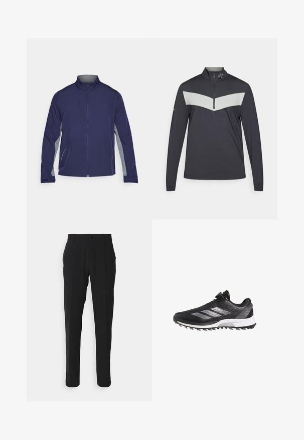 Granatowa kurtka softshell z szarymi bocznymi panelami, podniesionym kołnierzem, pełnym suwakiem i dwoma przednimi kieszeniami. Gładka faktura z funkcjonalnym designem.; Pulower na zamek w kolorze ciemnoszarym z jasnoszarym wzorem w zygzak na piersi. Posiada długie rękawy i fakturowany materiał.; Czarne spodnie o prostym kroju nogawki, z jedną przednią kieszenią, szlufkami na pasek i zapięciem na guzik. Gładka tekstura materiału.; Czarny but biegowy Adidas Adizero z białą podeszwą, srebrnymi paskami i systemem sznurowania na pokrętło, pokazany w profilu lewym.
