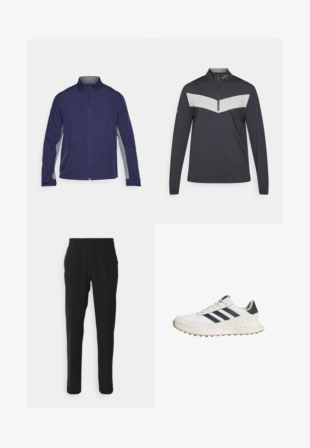 Navy softshell jacket with grey side panels, raised collar, full zipper, and two front pockets. Smooth texture with a functional design.; Quarter-zip pullover in dark gray with a light gray chevron design across the chest. Features long sleeves and a textured fabric.; Black trousers with a straight-leg cut, featuring a single front pocket, belt loops, and a button closure. Smooth fabric texture.; White athletic shoes with black stripes, featuring a textured rubber sole, smooth leather upper, and a padded collar for support.