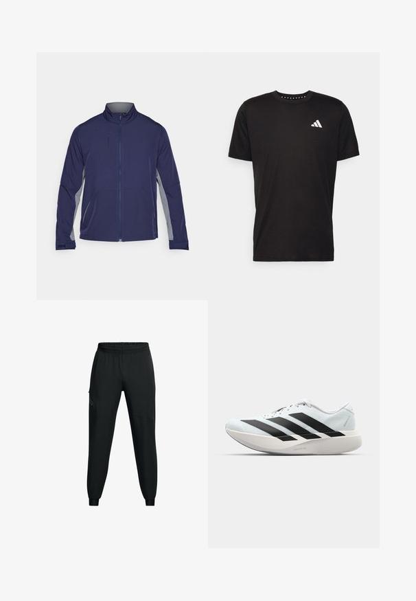 Navy softshell jacket with grey side panels, raised collar, full zipper, and two front pockets. Smooth texture with a functional design.; Black cotton t-shirt with short sleeves, crew neckline, and a white logo on the left chest. Smooth texture and simple design.; Black athletic pants with an elastic waistband, tapered leg design, side pockets, and contrasting panel details. Lightweight, smooth fabric.; Lightweight running shoes in pale blue with black stripes. Features a smooth upper, round toe, and thick white midsole labeled "LIGHTSTRIKE PRO."