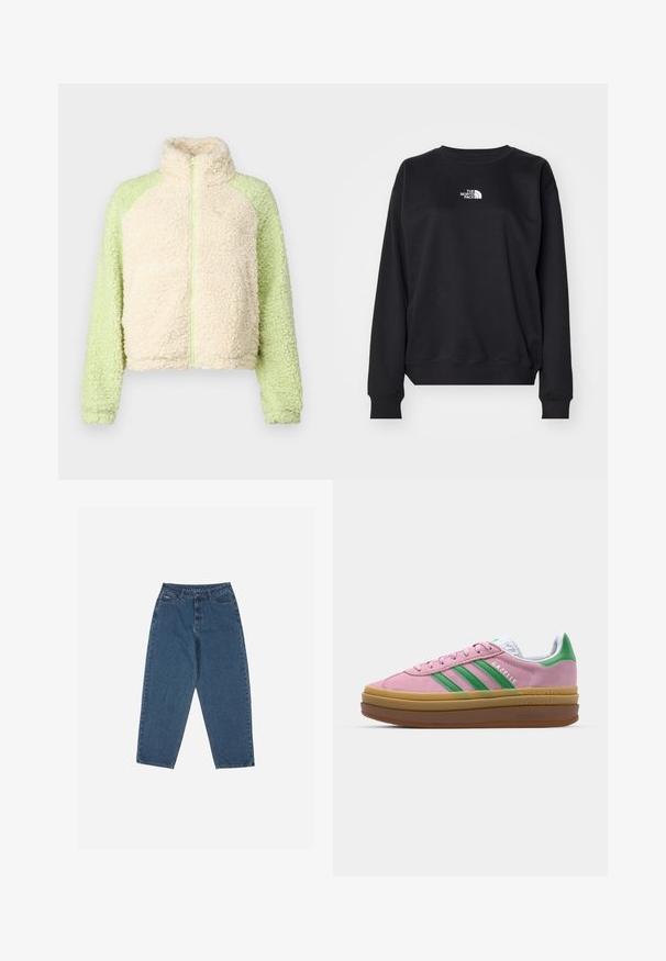 Roxy WAVES OF WARMTH COLOR BLOCK - Fleece jacket - buttercream; Black sweatshirt crafted from cotton blend, featuring a round neckline, long sleeves, ribbed cuffs, and a small white logo on the chest.; Blue denim jeans with a relaxed fit, high waist, five-pocket design, and stitching accents. Features a button and zipper closure.; Pink suede sneakers with green stripes, white accents, and a brown rubber sole. Features textured fabric and logo detailing on the side.