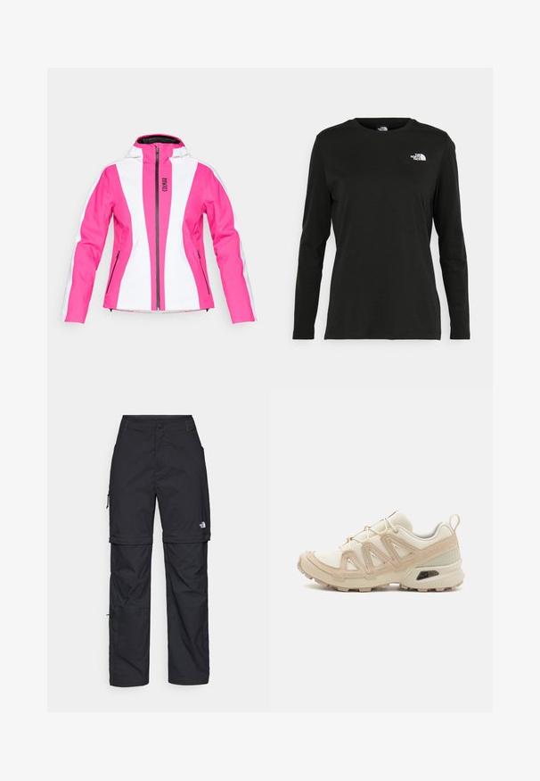 Roosa ja valge suusajakk, millel on voodri disain, lukuga eesmine osa, kapuuts ja küljetaskud; omab värviblokeeritud paneele ja logodetaili.; Must mustahiheline T-särk, millel on pikad varrukad, valmistatud puuvillast ja ümarast kaelusest. Vasakul rinnal on väike valge logo. Lihtne disain ja sobivus.; Mustad nailonist valmistatud eemaldatavad cargo-püksid, reguleeritavate pahkluudega, mitmete taskutega ja paremal jalal logoga. Sile, kerge tekstuur.; Beež ja koobalti spordijalats tekstureeritud võrkkattega, toetavad ülemised kihid ja kummist tallaga, millel on mustriga joonistus haardeks.