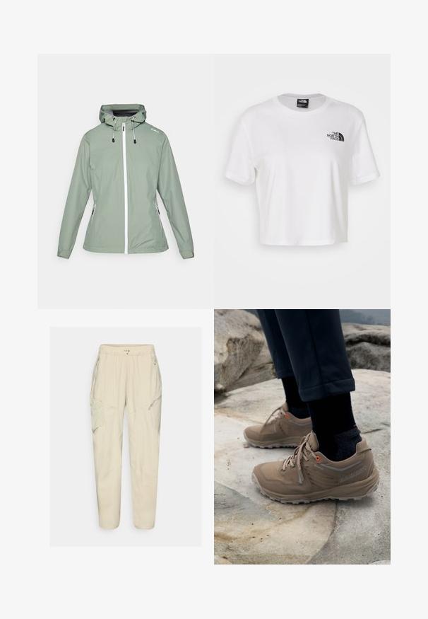 Vanntett jakke i lys grønn med en tettsittende design, glidelås foran, justerbar hette og sidelommer med glidelås.; Hvit avkortet t-skjorte laget av bomull med rund hals og korte ermer. Har en svart logo på venstre bryst.; Lys beige cargo bukser med elastisk liv, glidelåslommer og paneldetaljer. Laget av et glatt, lett stoff.; Beige tursko laget av semsket skinn og nettverk med grå detaljer og livlige oransje snorer. Gore-Tex merkevare synlig på siden.
