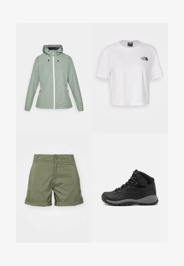 Vízálló dzseki világoszöld színben, testhezálló fazonnal, cipzáras elülső zárással, állítható kapucnival és oldalsó cipzáras zsebekkel.; Fehér, pamutból készült, rövid ujjú, kerek nyakú cropped póló. A bal mellen fekete logó található.; Olívazöld rövidnadrág könnyű anyagból, gombos záródással, feltekert szegéllyel, valamint elülső és hátsó zsebekkel. Sima textúra.; Fekete túracipő közepes magasságú kialakítással, texturált felsőrésszel, szürke részletekkel és strapabíró gumitalppal, amelynek tapadós kiemelkedései vannak.