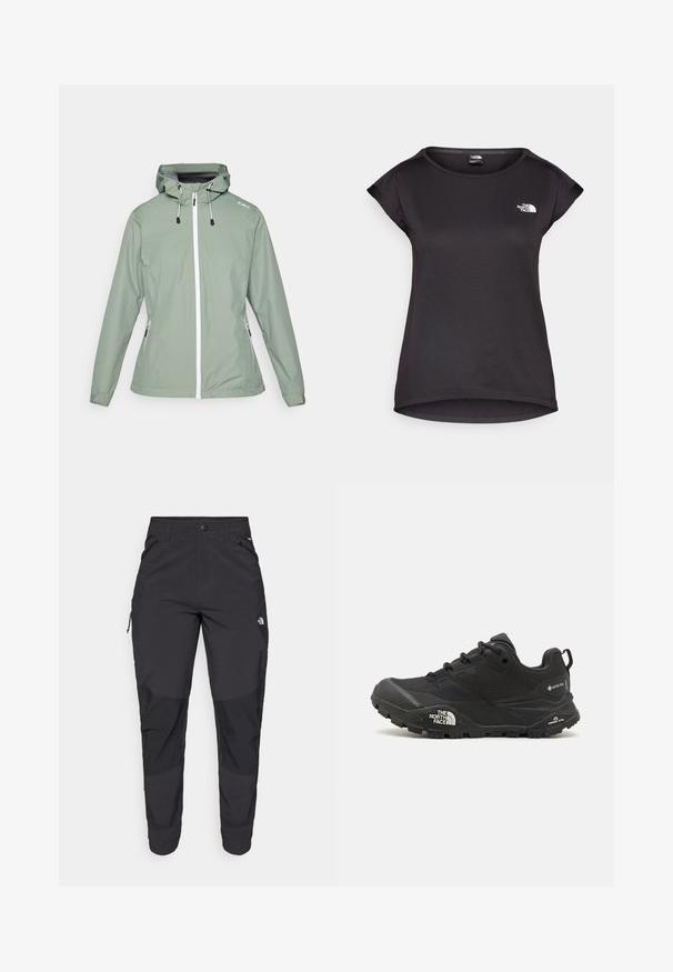 Vandafvisende jakke i lysegrøn med en tætsiddende design, lynlås foran, justerbar hætte og sidelommer med lynlås.; The North Face TANKEN TANK - Sports T-shirts - black; Sorte udendørsbukser lavet af slidstærkt stof. Har lynlåslommer, forstærkede knæpaneler og en lige skæring for bedre bevægelighed.; Sort vandresko med en tekstureret overdel, snørebåndslukning og en kraftig gummisål med et fremtrædende logo på siden og mønstrede slidbaner.