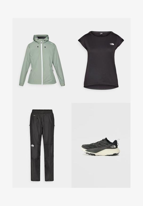 Vanntett jakke i lys grønn med en tettsittende design, glidelås foran, justerbar hette og sidelommer med glidelås.; The North Face TANKEN TANK - T-skjorte til trening - black; Sorte vanntette bukser laget av lettvektig stoff, med elastisk midjebånd, sidelommer og en logo på venstre ben.; Svart treningssko med teksturert overdel, med grå detaljer og hvit såle. Har en pull tab og fremtredende merkevarelogo på hælen.