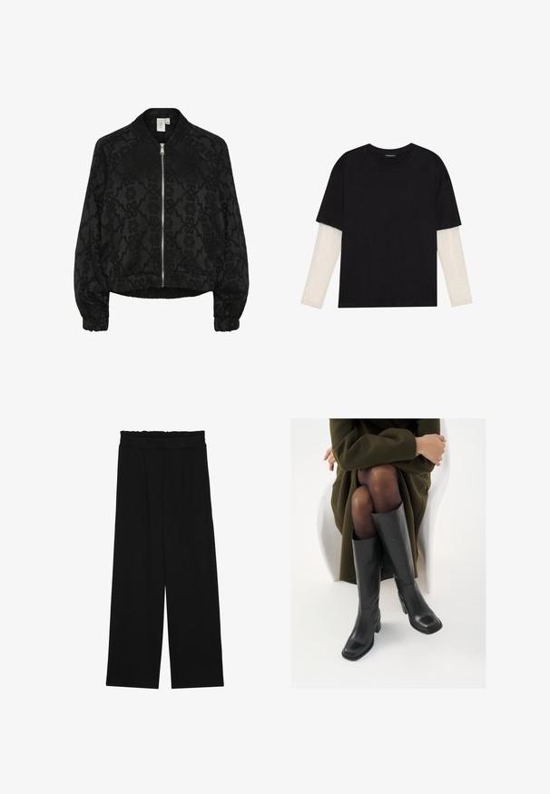 Zwarte bomberjack met een textuur van bloemenpatroon, geribbelde manchetten en een rits aan de voorkant, met een cropped silhouet en een relaxte pasvorm.; Zwarte T-shirt van katoen, met korte mouwen over een witte lange mouw laag met een subtiel textuurpatroon. Ronde hals ontwerp.; Zwarte wijde broek met een gerimpelde tailleband, voorzien van twee zijzakken en een soepele, lichte stof. Geen zichtbare patronen of hardware.; Knieschijf hoge zwarte leren laarzen met een vierkante neus en blokhak, getoond met een model dat zit in een olijfgroene jas. Gladde textuur, minimale details.