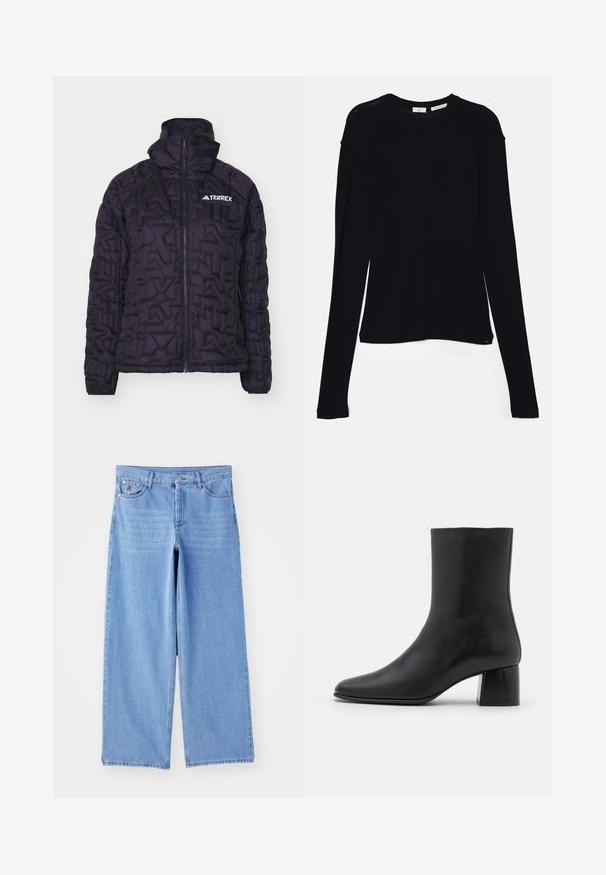 Black insulated jacket with a quilted design, high collar, full-length zipper, and Terrex logo, featuring a smooth, shiny texture.; Black long-sleeve top made of soft fabric, featuring a round neckline and a relaxed fit with side slits at the hem for ease of movement.; Light blue wide-leg jeans made of denim, featuring a classic five-pocket design and a button-fly closure. Smooth texture, frayed hem.; Black leather ankle boot with a pointed toe and a chunky square heel. Smooth texture with a seamless design and minimalistic stitching.