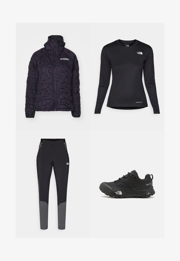 Zwarte geïsoleerde jas met een doorgestikt ontwerp, hoge kraag, vol lange rits en Terrex-logo, met een gladde, glanzende textuur.; The North Face SHADOW LONG SLEEVE - Longsleeve - black; Zwarte outdoorbroek met grijze accenten, voorzien van een aangesloten ontwerp, elastische tailleband, ritszakken en duurzaam, lichtgewicht materiaal.; Zwarte wandelschoen met een gestructureerde bovenkant, vetersluiting en een stevige rubberen zool met een opvallend logo aan de zijkant en profielpatronen.