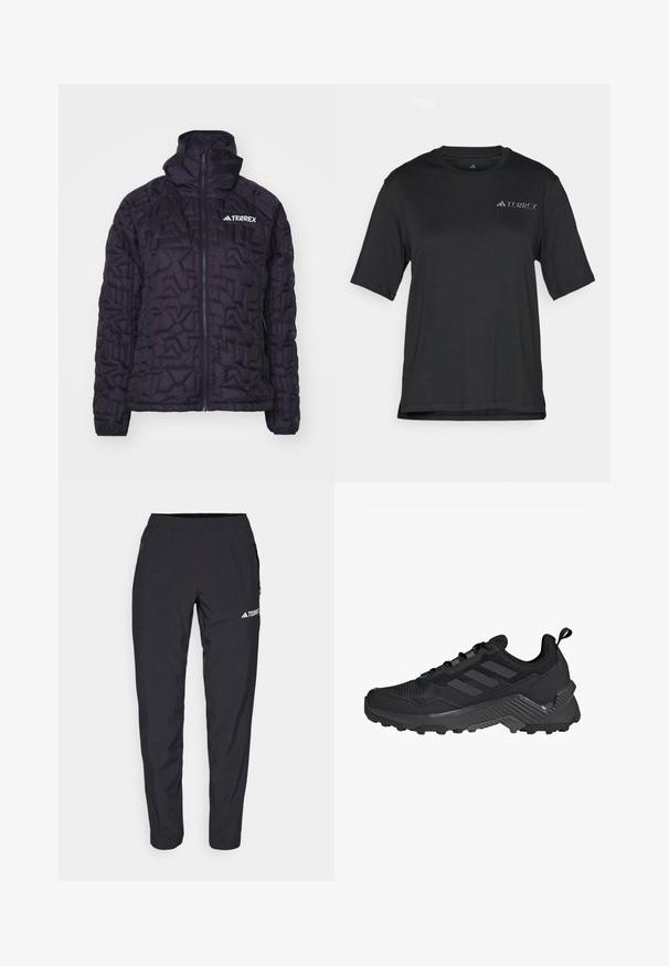 Černá zateplená bunda s prošívaným designem, vysokým límcem, zipem po celé délce a logem Terrex, s hladkým, lesklým povrchem.; Černé tričko s krátkým rukávem vyrobené z lehkého materiálu. Má kulatý výstřih a malé bílé logo "TERREX" na hrudi.; Černé sportovní kalhoty vyrobené z lehkého, elastického materiálu s elastickým pasem a bočními zipovými kapsami. Na stehně je bílý logo.; Černá sportovní bota s síťovaným svrškem, designem se třemi pruhy, tvarovanou patou a robustní podrážkou s výraznými protiskluzovými výstupky.