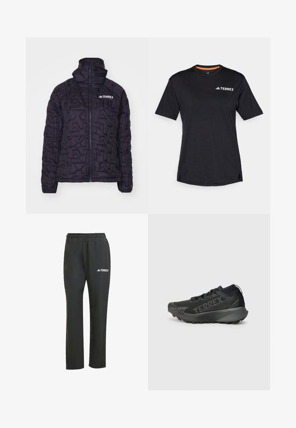 Svart isolerad jacka med kviltad design, hög krage, hel dragkedja och Terrex-logotyp, med en slät, glänsande yta.; Svart kortärmad T-shirt med rund halsringning, med en subtil melerat struktur och vit "TERREX"-logotyp på den övre vänstra sidan.; Svarta lätta byxor med elastisk midja. Utrustade med en subtil "TERREX"-logotyp i vitt. Smidigt tyg och raka ben.; Svart Terrex löparsko med en strukturerad ovandel, styv sula och framträdande varumärkning. Har en dämpad häl för stöd och grepp.