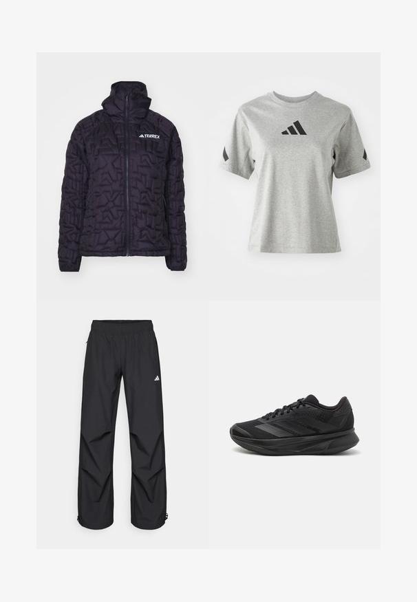 Svart isolert jakke med quiltet design, høy krage, hel lengde glidelås og Terrex-logo, med en glatt, blank tekstur.; Grå rundhalset t-skjorte laget av mykt stoff, med en svart Adidas-logo på brystet og svarte detaljer på ermene.; Sorte, lette, vanntette bukser med elastisk midje, sidelommer og justerbare mansjetter. Har en hvit logo på venstre lår.; Svarte joggesko med pustende mesh-overdel, avrundet tå, slankt design, teksturerte detaljer og en polstret såle for komfort.