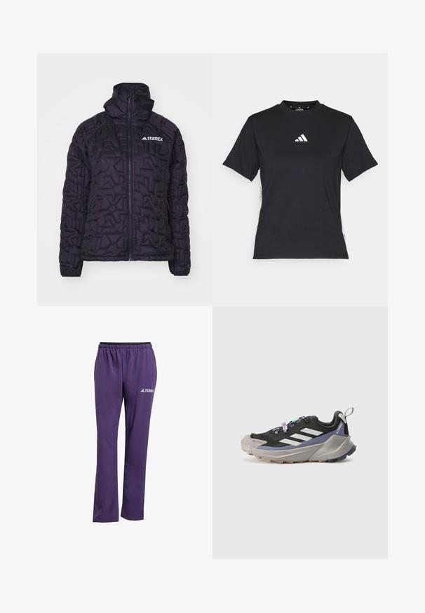 Crna izolirana jakna s kvadratnim dizajnom, visokim ovratnikom, punim zatvaračem i Terrex logotipom, koja ima glatku, sjajnu teksturu.; Crna kratka majica s kratkim rukavima izrađena od mekog materijala. Ima bijeli Adidas logo i suprotstavljene bijele pruge duž strana.; Ljubičaste sportske hlače s crnim elastičnim pojasom, ravnim krojem i bijelim "TERREX" logotipom s lijeve strane. Glatka tekstura.; Crni atletski tenisice s Gore-Tex gornjom, bijelim prugama, ljubičastim akcentima, debelim sivim potplatom i teksturiranim sivim donjim dijelom za bolju prionljivost.