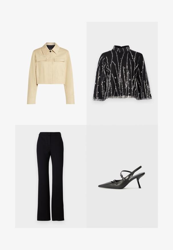 Avklippt beige jacka med spetsig krage, två framfickor och knappstängning. Slät textur och subtil varumärkeslogotyp på bröstet.; Svart kort topp med hög hals, prydd med silverfärgade paljetter i vertikala linjer, genomskinliga ärmar och texturerad väv.; Svarta byxor med rak passform, slät struktur och midjeband med en enda knappstängning. Inga synliga mönster eller detaljer.; Svarta läderklackar med slingback, spetsig tå, smal klack och dekorativ spänndetalj på ovansidan. Slät struktur och stilren design.
